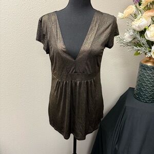 Fleurish Shimmer Deep V Metallic Black Empire Waist Tunic Top XL Party